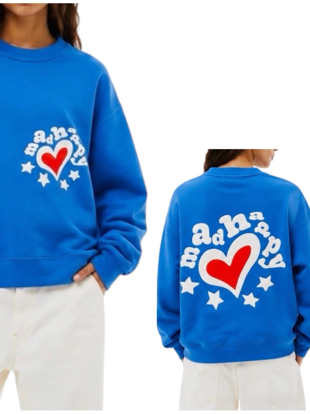 MADHAPPY 💥RARE💥 Blue Red White Heartfelt Crew Sweatshirt Puff Paint Boho Heart